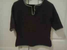 SALE - Handmade sweater crocheted Brown/green trim merino wool/acrylic s... - $28.75 CAD