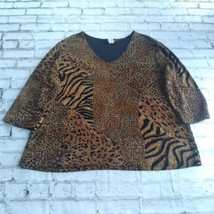 Only Nine Womens Blouse 2X Brown Animal Print 3/4 Sleeve V Neck Acetate Top - £15.71 GBP