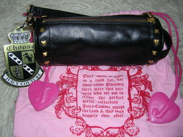 Juicy Couture Black Leather Barrel Wristlet Gold Heart Studs New With Tags - £59.13 GBP