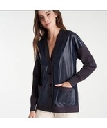 NWT Ann Taylor Navy Faux Leather &amp; Knit V-neck Cardigan Sweater Medium - $20.57