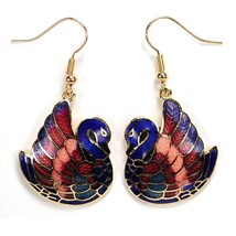 Gold Plated Cloisonne Swan Earrings Blue Love Birds Enamel Hand Painted Pair New - £6.37 GBP