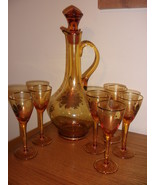 Antique amber decanter and glass set, made is Romania, with flowers of gold - $45.00