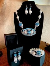 OOAK Handcrafted Wire Wrapped Silver Tone Blue Beaded Necklace Set - £55.75 GBP