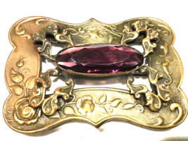 Art Nouveau Buckle Pin Brass With Large Oval Purple Stone - £62.36 GBP