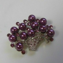 Silver-tone Basket Brooch Overflowing W/Purple Rhinestones &amp; Purple Faux... - £20.02 GBP