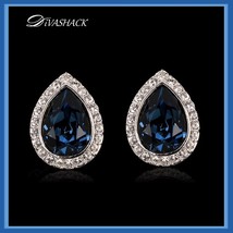 Austrian Blue Crystal Tear Rhinestone Earrings 925 Sterling Silver Stud Ear Ring - £53.45 GBP