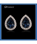Austrian Blue Crystal Tear Rhinestone Earrings 925 Sterling Silver Stud ... - £54.48 GBP