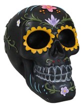 Black Day of The Dead Colorful Sunflowers Floral Blooms Sugar Skull Figu... - £17.57 GBP