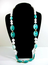 SHADES of BLUE GREEN Lined FLAT Oval BEADS &amp; White NECKLACE Plastic Vint... - $14.99