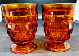 2 Vintage Indiana Whitehall Cubed Cube Amber Footed Glasses 4 1/4&quot; - $19.79