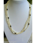 14K Gold Genuine White Pearl Onyx 3 Strand Necklace - £67.94 GBP