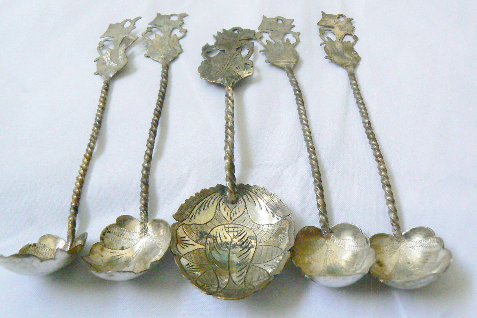 Vintage Sterling Silver 800 twisted handle leaf Siam dancer set of 5 Spoons - £151.07 GBP