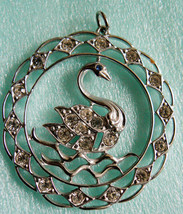 Fashion Large Silver Tone Filigree Clear Crystal Swan round Pendant - $39.00
