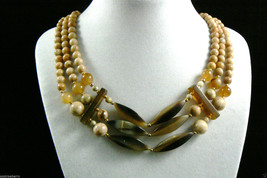 Three Strand Cascade Agate Round Beads Collar Necklace 19"L $0 Sh - $79.96