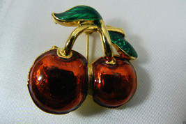 Red Enamel Gold Tone Metal Double Cherry Berry Pin Brooch - £20.72 GBP