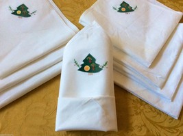 Christmas Holiday Tree White Cotton linen Dining Napkin square set of 8 - £28.04 GBP