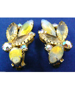 Vintage Floral Yellow Aurora Borealis color crystal Rhinestones clips earrings - £38.33 GBP