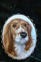 GOLD TONE METAL PORCELAIN SETTER DOG PICTURE PIN BROOCH $0 SH NICE! - $24.95