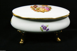 Large 5.5&quot; Limoges France Porcelain gold footed trinket box Romantic scene oval - £85.50 GBP
