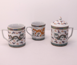 Lot of 3 Vintage Chinese Asian Mun Shou Jingdezhen Porcelain Mugs Famille Dragon - £69.50 GBP