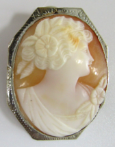 Antique 14k White Gold Carved Shell Cameo Brooch  - £100.59 GBP
