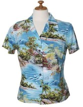 RJC Womens Hawaiian Shirt Blue Orange Floral Hana Hou Scenic Fitted - £45.45 GBP