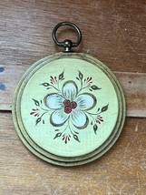 Vintage Small Yellow Staggered Wood Round Plaque w Norwegian Rosemaling White - £8.85 GBP