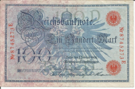 GERMANY  100 MARK BANKNOTE / FEBRUARY 7th, 1908 (EMPEROR WILHELM II), # 41 - $6.92