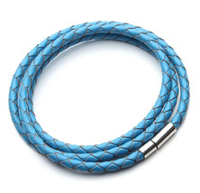 Braided Carolina Blue Leather 3X Wrap Bracelet Silver Clasp Unisex Mens Womens - £9.89 GBP