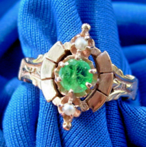 Earth mined Emerald Pearl Antique Ring Victorian 14k Rose Gold Statement... - $2,085.25