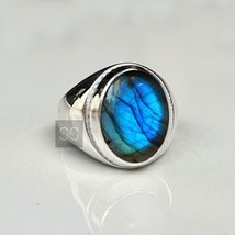 Genuine Blue Flash Labradorite Mens Ring Handcrafted Solid 925 Silver Jewelry - £56.50 GBP