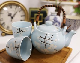 Ebros Cherry Blossom Sakura Pastel Sky Blue Ceramic Tea Pot and Cups Set... - £22.01 GBP