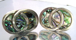 Vintage Taxco Sterling Big Earrings Abalone Inlay Modernist Signed FN 40&#39;s - £29.10 GBP