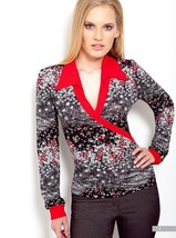 CAREER BLOUSE MADE IN EUROPE NATURAL PRINTED POINTED COLLAR LONG SLEEVE M L - £61.76 GBP