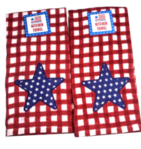 4th Of July Dish Towels Red Paid Blue Applique Star Set of 2 Summer Beach House  - £22.03 GBP