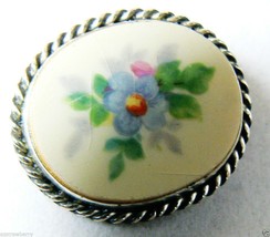Vintage R.E. Babcock signed Sterling Silver Porcelain Floral oval pin brooch - £39.92 GBP