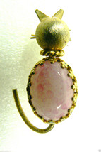 Vintage pink oval stone cat kitten kitty gold tone pin brooch - $35.95