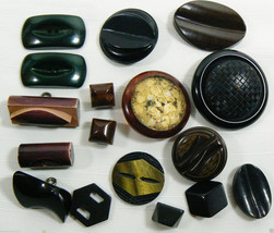 VTG Mix Lot of 17 assorted color black brown  size all bakelite carved buttons - £114.82 GBP