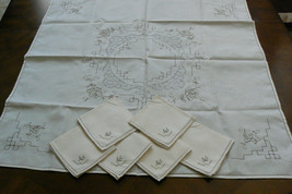 VTG Madeira Linen Embroidery Lace Decor Accent Table Cloth 33x33 &amp; 6 nap... - $80.10