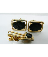 VINTAGE GOLD TONE METAL BLACK ONYX CUFF LINKS &amp; TIE BAR CLASP PIN SET SWANK - £42.44 GBP