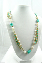 Vintage Blue Glass White Pearl Faux Strand Multi Chain Necklace $0 Shipping - £44.12 GBP