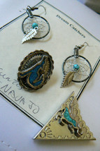 Hndcrafted silvertone Crushed Turquoise Dream catcher earrings belt tip tack lot - £24.67 GBP
