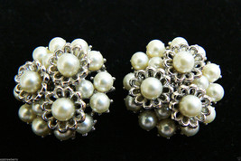 Vintage Trifari Signed Silver Tone White Pearl Faux Flower Design Clip Earrings - £29.23 GBP
