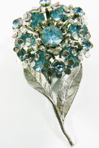 Vintage silver tone metal Blue Crystal Rhinestones Multi Flower Pin Brooch - £27.97 GBP