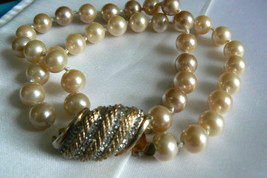Vintage Marvella Double Stand Pearl Faux gold tone crystal clasp Bracelet 8.25&quot; - £24.55 GBP
