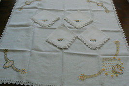 VTG Linen Embroidery Crochet Lace Decor Accent Table Cloth 33x33 &amp; 4 nap... - $48.60