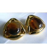 LARGE GOLD TONE METAL AMBER COLOR STONE FASHION CLIP ON EARRINGS - £15.81 GBP