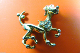 Vintage gold tone metal clear crystal funny happy walking dog hound  pin... - £28.27 GBP