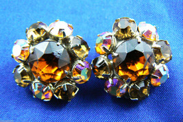 Vintage Fantastic Aurora borealis topaz crystal Rhinestones clips earrings $0s - £38.12 GBP