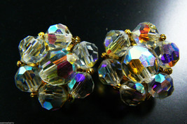 Vintage  Aurora Borealis Crystal beads Cluster clip on Earrings gold ton... - £44.73 GBP